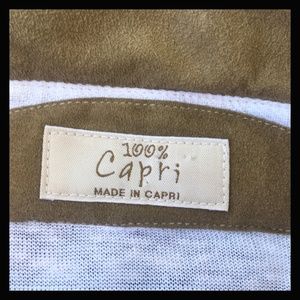 100% Capri White Cotton Knit Top with Beige Suede Trim